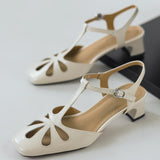 ADVBRIDGE  -  Women's cow leather hollow-out t-strap sandals 4cm thick med heel square toe elegant ladies summer pumps heeled shoes for woman