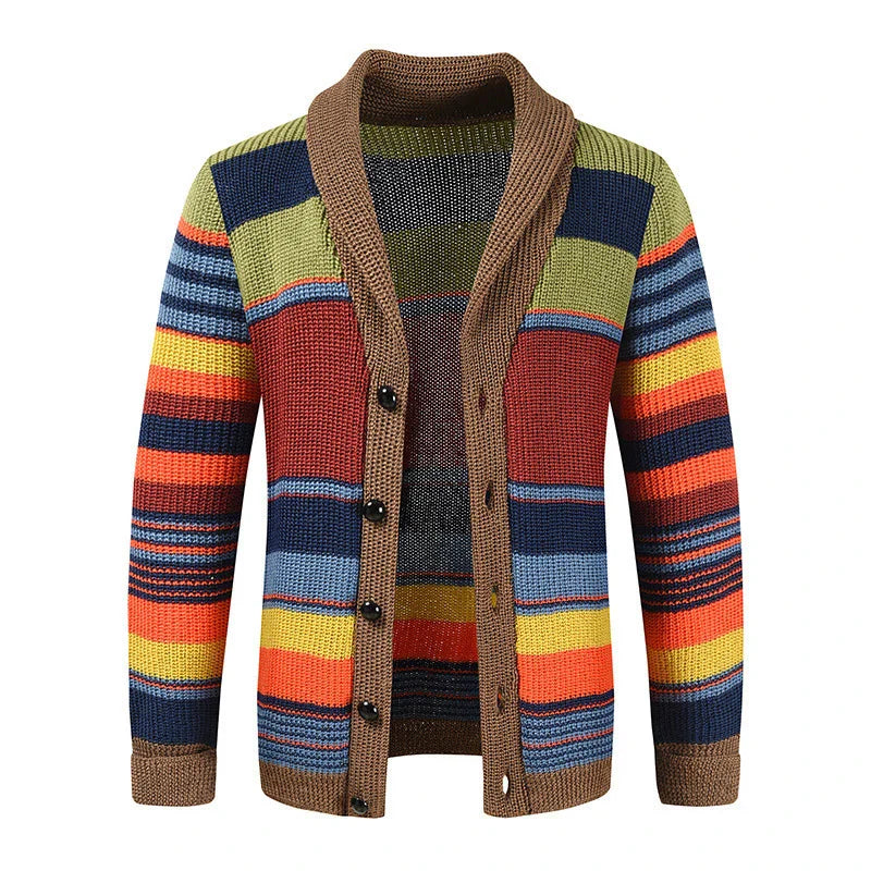 Advbridge Men‘s Wintern outfits Trendy Mens Knitted Cardigans 2025 Spring Casual Button-up Lapel Sweatercoats Men Vintage Rainbow Striped Sweater Jacket Coats Advbridge Men‘s Wintern outfits