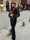 Advbridge Women Fashion Solid Lapel Pu Leather Belt Crop Coat Elegant Long Sleeved Zipper Pocket Jacket 2024 New Lady High Streetwears
