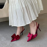 ADVBRIDGE  -  Burgundy Stiletto Heel Pumps Woman Pointed Toe Slingback Shoes Summer Low Heels Bow Dress Shoes Classic Office Ladies Shoes