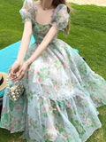 Advbridge French Vintage Floral Midi Dress Women Organza Elegant Casual Party Fairy Dress Casual Holiday Princess Dress Women Summer 2024