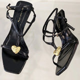 ADVBRIDGE  -  Fashion Metal Heart Decoration Women Sandal Pointed Toe Open Toe Ankle Strap Roman Shoe Elegant Thin Heel Belt  Buckle High Heel