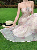 ADVBRIDGE  -  French Style Fairy Dress Women Pink Print Sweet Vintage Chiffon Vestidos Apricot 3D Flower Hang Neck Sexy Elegant Vacation Dress