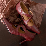 ADVBRIDGE  -  Women's pleated sheepskin narrow band cross strap slip-on pumps pointed toe 8cm thin high heel elegant ladies slim dress heels