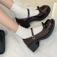 Advbridge Vintage High Heel Mary Jane Shoes for Women New Summer Bow Brown Round Head English Style Small Leather Shoes