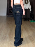 Advbridge Vintage Embroidery Letter Jeans Women Slim-Fits Low Waist Flare Denim Trousers 2025 Spring Autumn Fashion New Lady Streetwears