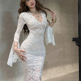 Advbridge Sexy Bodycon Lace Long Dresses for Women V-neck Flare Sleeves Slim Mermaid Evening Party Dress Club Prom Robe Ladies Vestidos