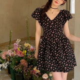 ADVBRIDGE  -  Floral Mini Dresses V Neck Spring Summer Sweet A-line Women Dress French Style Elegant Vintage Vestidos Mujer