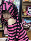 Advbridge Striped Print Goth Grunge Hoodie Pink Black Gothic Style Bunny Ears Hoodies Female Fairy Harajuku Kawaii Slim Hoodied Egirl Top