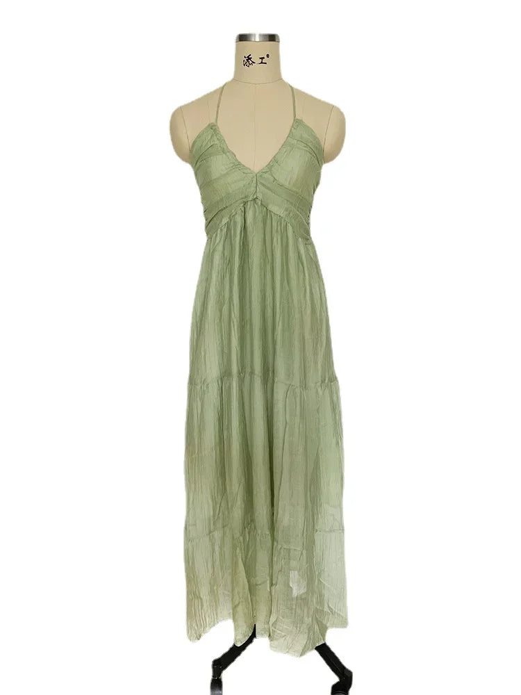 Advbridge Backless Sexy Summer Dress for Women Off Shoulder Halter Long Dress Green V Neck Holiday Beach Sundress Party Boho Dress