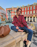 Advbridge Elegant Puff Sleeve Women's Red Checkered Shirt Chic Single Breasted V-neck Pleated Blouse New High Street Commuter Casual Top