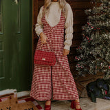 Advbridge Women Classic Plaid Print Christmas Gift Long Jumpsuit Fashion Sleeveless U-Neck Bodysuit Winter Lady Pocket Full Pants Overalls