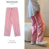 ADVBRIDGE  -  Summer Pink Jeans Men Fashion Retro Pocket Cargo Jeans Men Streetwear Hip Hop Loose Straight Denim Pants Mens Trousers S-3XL