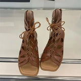 ADVBRIDGE  -  Design Style Hollow Out Flat Heels Woman Boot Sandals Summer Square Toe Zipper Casual Party Dress Gladiator Shoes