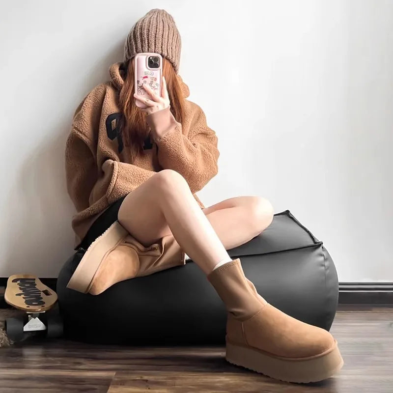 Advbridge Women Suede Platform Snow Boots High-cut Warm Ankle Chelsea Boots Winter Thick Sole Goth Shoes Short Plush Walking Boots