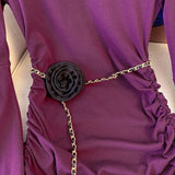 ADVBRIDGE  -  Diagonal Collar Cocktail Party Dress Women Elegant Purple Pleated Flared Sleeve Classic Skirt Fashion Slim Lady Fall Dress