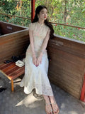 ADVBRIDGE  -  French Style Fashion Hollow Embroidery Fashion Dresses for Women Apricot Lace Patch Sweet Retro Print Dress Summer Elegant Lady