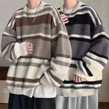 Advbridge Striped Sweater Men's Japanese Loose Retro Student Contrasting Base Shirt Round Neck Knit Jacket Men's Handsome