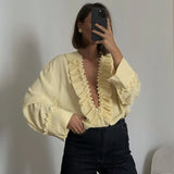ADVBRIDGE  -  Solid Ruffle Chiffon Top Women 2025 Summer Casual Loose V Neck Long Sleeve Blouse Fashion Lace Up Vintage Shirts Femme