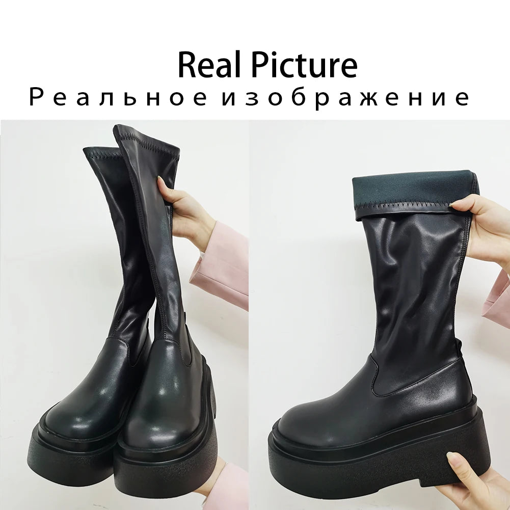 Advbridge Platform Boots For Women Knee High Med Calf Chunky Heel Fashion Girls Shoes 2022 Autumn Summer Boots Slip On Brand New Goth