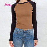 Advbridge Vintage Patchwork Ribbed T-shirt Women Autumn Casual Round Neck Long Sleeve Tee Shirt Retro Streetwear Chic Cotton T Shirt Tops