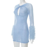 ADVBRIDGE  -  Women's Mesh Cross Hollow Long Sleeved Plush Cuffs Tight Sexy See-through Wrapped Hip Short Dresses Party Nightclub Outfit