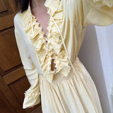 ADVBRIDGE  -  Solid Ruffle Chiffon Top Women 2025 Summer Casual Loose V Neck Long Sleeve Blouse Fashion Lace Up Vintage Shirts Femme