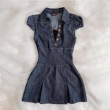 ADVBRIDGE  -  Girl Retro Denim Dress 2025 Summer Y2k Short Sleeve Button Streetwear Fashion Slim Fit Short Dresses Women's Mini Skirt
