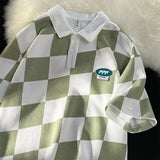 Advbridge Checked Short-sleeved T-shirt Women Men's Summer Trend Casual Lapel T-shirt Youth Versatile Mid-sleeved Hong Kong Style Top