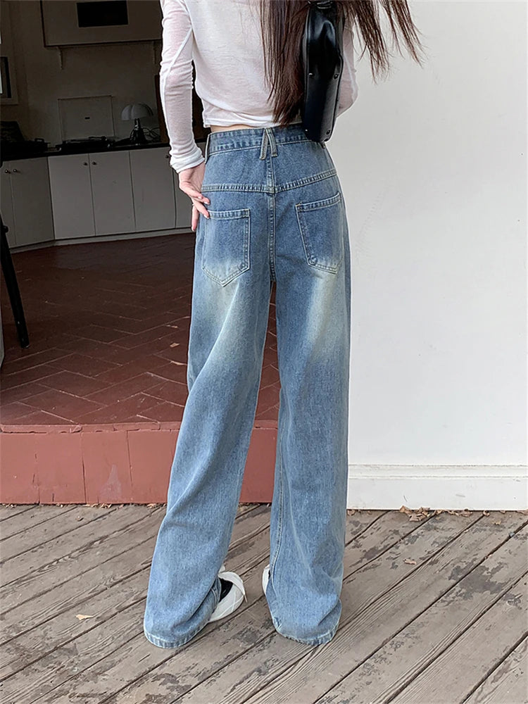 Advbridge  Women's Simple Vintage Design Straight Blue Jeans Street Style Casual Pants Female High Waist Wide Leg Denim Trousers