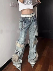 Advbridge Y2K American New Mao Mao Stitching Multi-pocket Tooling Jeans Women Streetwear Vintage Hip Hop Spice Girls Micro-pull Mop Pants