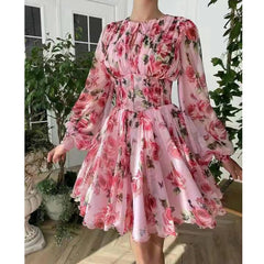 Advbridge Cute A-line Dress Casual Urban Women's Chiffon Round Neck A-line Dress Slim Fits Girdling Long Sleeve Big Swing Dress