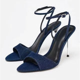 ADVBRIDGE  -  Denim Blue Thin Heeled Sandals Women Sexy Peep Toe Ankle Strap Buckle High Heels Summer Elegant Pumps Comfort Casual Sandalias
