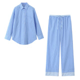 ADVBRIDGE  -  Blue Striped Two-piece Set Women Long Sleeve Pocket Blouse+Drawstring Pants Sets Spring New Fashion Casual Poplin Trouser Suits