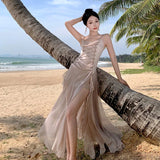 Advbridge Maxi Long Dresses for Women New Summer Elegant Spaghetti Strap Slim Split Ruffle Female Clothes Beach Holiday Bandage Dress