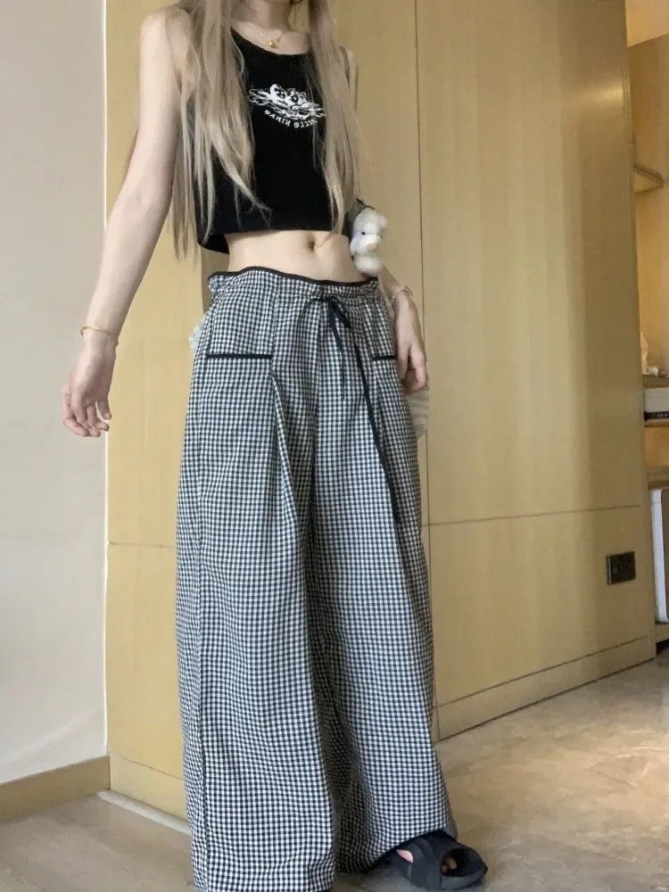 Advbridge  Sweet Black Women Plaid Pants Coquette Japanese Style Cute Wide Leg Trousers Harajuku Kawaii Palazzo Pants Vintage Y2k