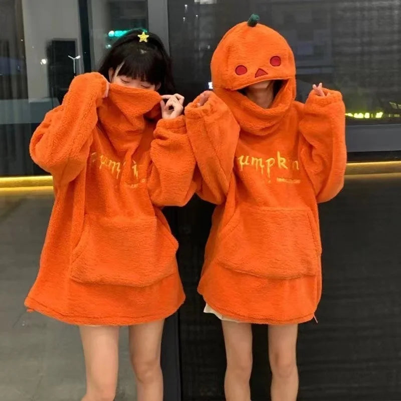 Advbridge American Retro Pumpkin Head Hoodide For Men Women Winter Lamb Plush Orange Sweatshirt Loose Thickened Warm Couple Halloween Gift