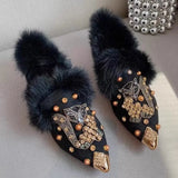 Advbridge New Rabbit Fur Pearl Multi Cystal Cherry Fox Flats Loafers Crystal Studs pointy toe Winter Fur Causal Shoes Woman Footwear