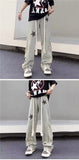 Advbridge High Street Design Star Patch Denim Jeans for Men American Vibe Trendy Brand Street Bombing Washed and Worn Wide Leg Pants For