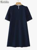 Advbridge Vintage Solid Color Dress 2025 Summer Short Puff Sleeve Mini Robe Korean Cotton Embroidery Vestidos Office Lady Lace Robe