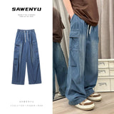 Advbridge Blue Baggy Jeans Men Fashion Retro Pocket Cargo Jeans Men Streetwear Hip-hop Loose Straight Denim Pants Mens Trousers S-3XL