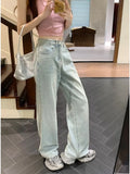 Advbridge Sweet Blue Jeans for Women Bow Embroidery Straight Denim Trousers Y2k Vintage Korean Style Baggy High Waist Jeans Casual