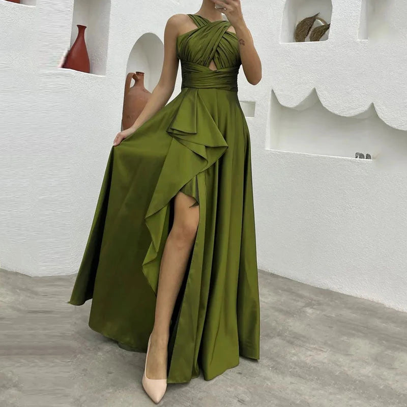 Advbridge Summer Sexy Cross Halter Split Solid Party Dress Fashion Irregular Formal Dresses Women Elegant French Pleated Evening Dress