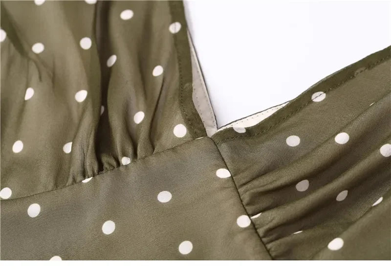 ADVBRIDGE  -  Summer Fashion Green Polka Dot Dress Women French Retro Elegant Slim Long Womens Dresses V-neck Sleeveless Silk Vestido