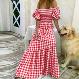 Advbridge  -  Fashion Square Neck Puff Short Sleeve Long Dress Women Elegant Plaid Print Pleated Robe Dress 2024 Casual High Waist Party Dress
