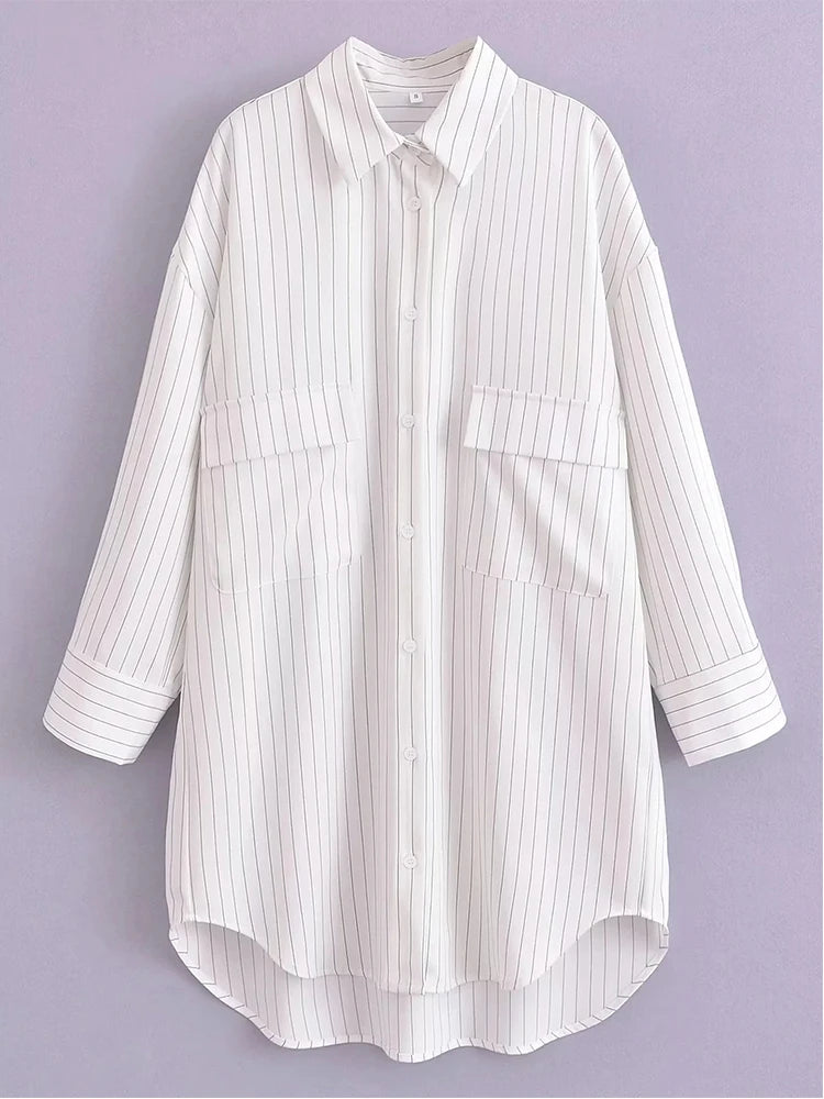 Advbridge White Stripe Shirt Dress Women Autumn Spring Slit Casual Oversize Single Breasted Turn Down Collar Short Summer Dress