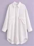 Advbridge White Stripe Shirt Dress Women Autumn Spring Slit Casual Oversize Single Breasted Turn Down Collar Short Summer Dress