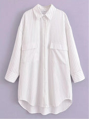 Advbridge White Stripe Shirt Dress Women Autumn Spring Slit Casual Oversize Single Breasted Turn Down Collar Short Summer Dress
