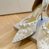 Advbridge Lace Pearl Heels Women High Heels Shallow Mouth Pointed Toe High Heels Luxury New Single Shoes Women Pumps Wedding