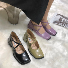 Advbridge Fashion Women Mary Kanes Ladies Mid Heels Flat Heeled Cross Tied Black Green Purple Beige Autumn Spring Dress Shoes Woman 35-39